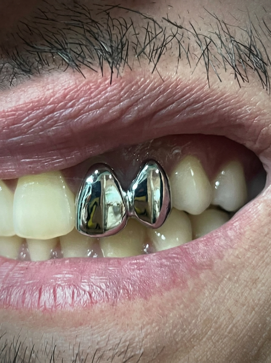 Zwei polierte Grillz-Kappen aus Sterlingsilber auf den oberen Schneidezähnen
