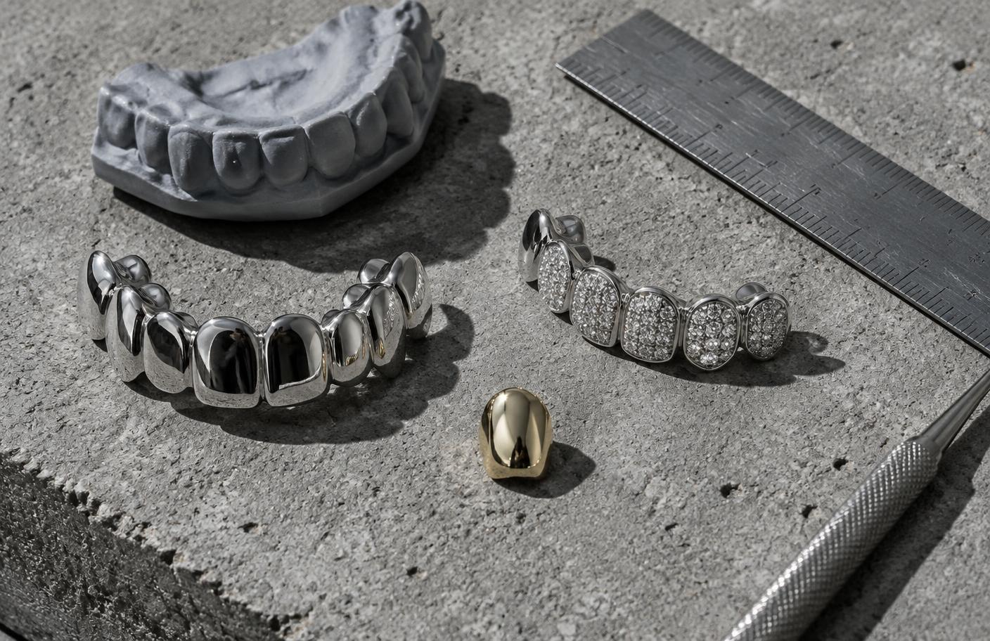 Finished grillz lying on a concrete slab next to a stone dental model and a steel ruler